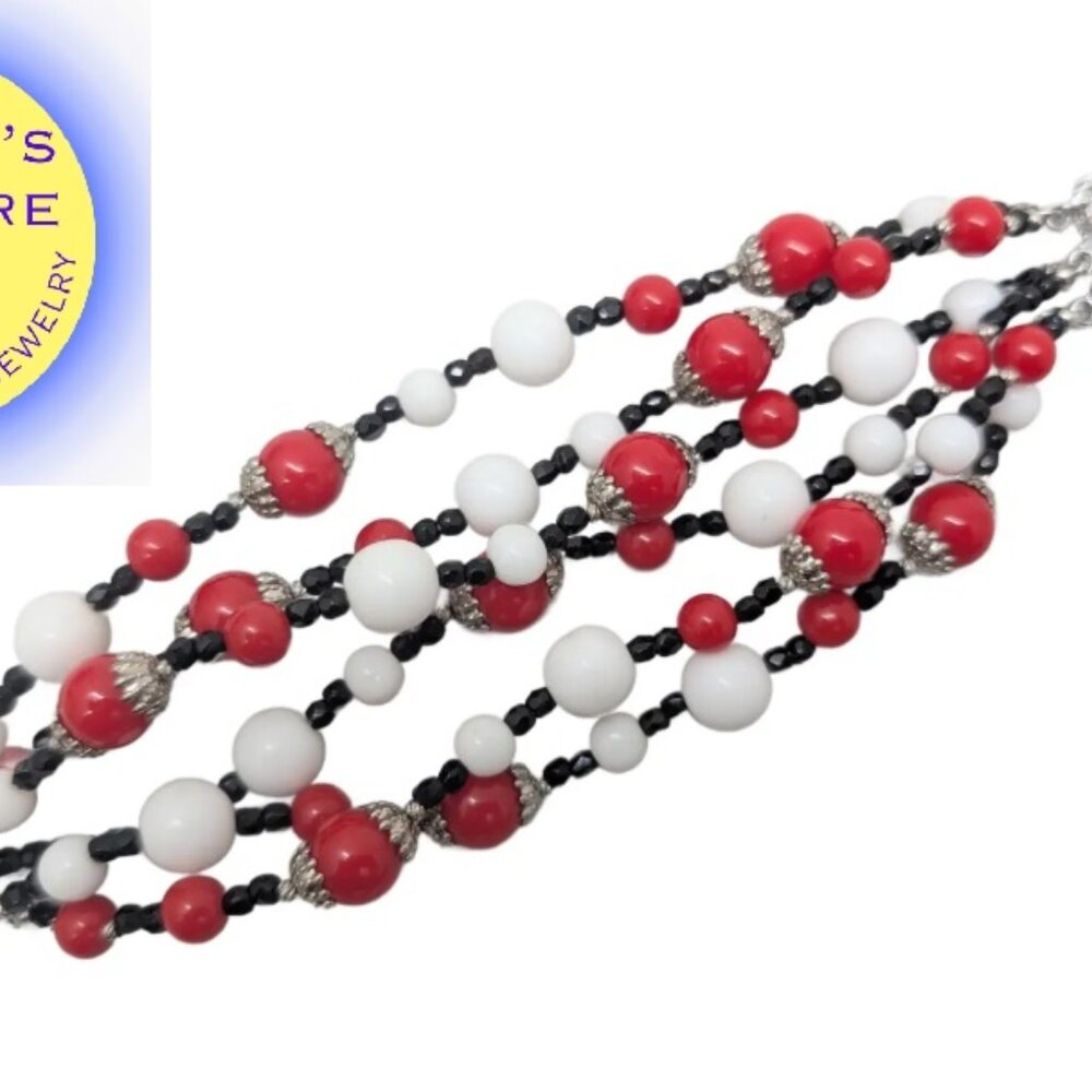 Vintage 1960s Signed Vendome Red, White & Black Beaded Bracelet